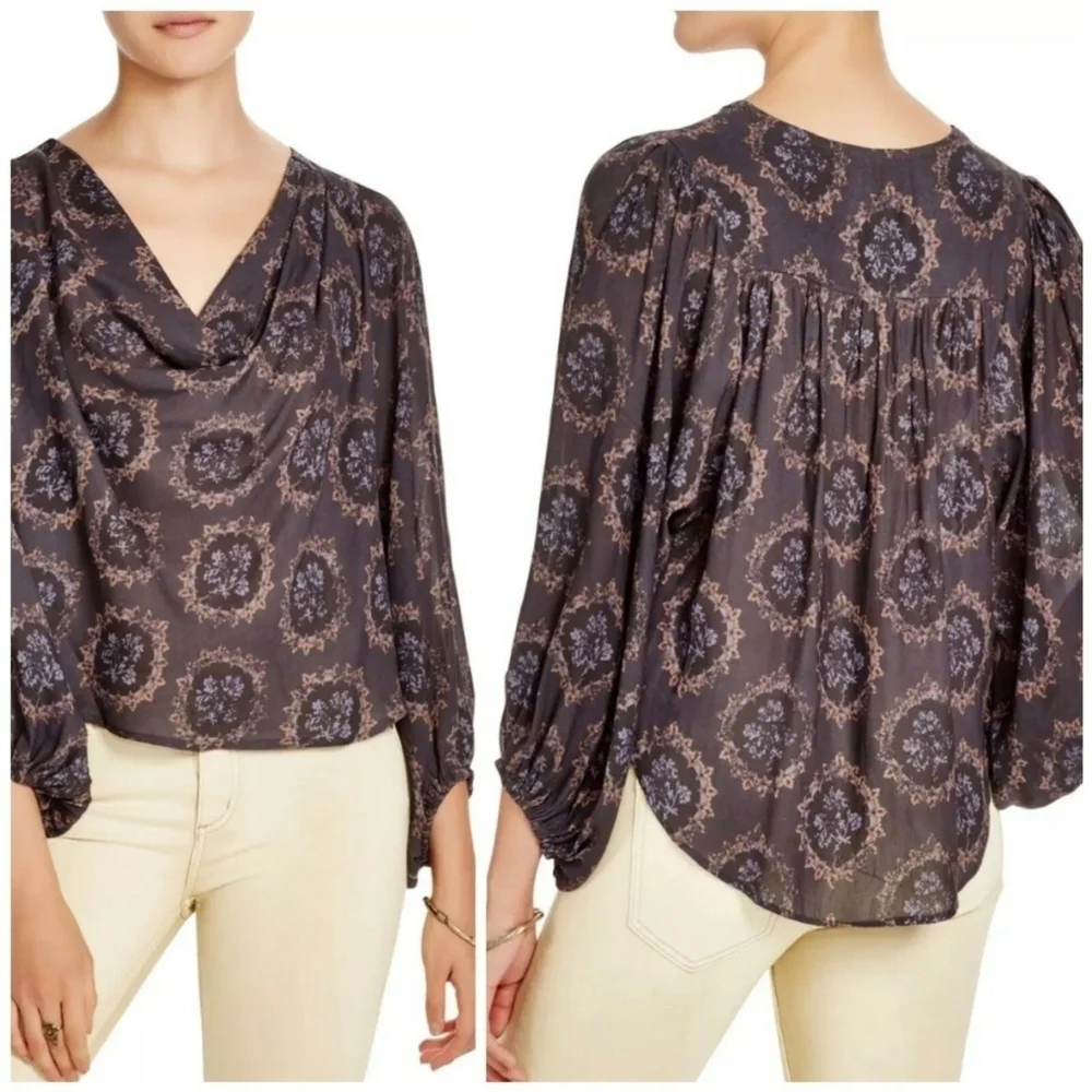 Free People Cowling Around Gray Floral Paisley Long Sleeve Blouse - Picture 2 of 8